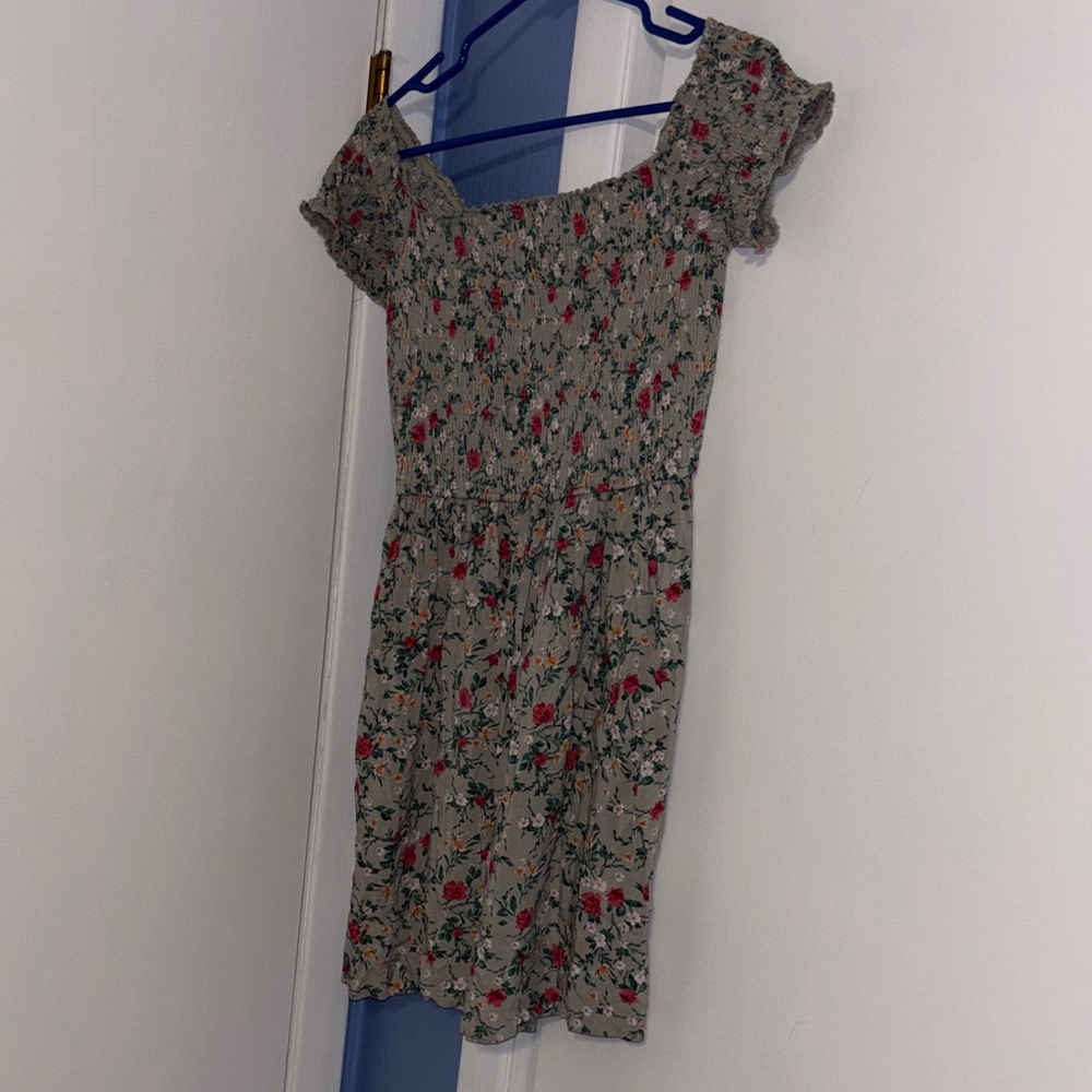 Floral Off-Shoulder Summer Dress - Beige with Red & Green Large Exhilaration
